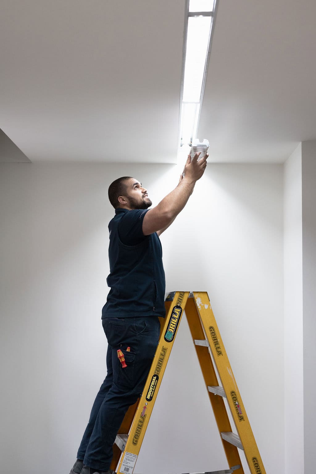 Creative electrician installing vibrant lighting in St Kilda beachside apartment