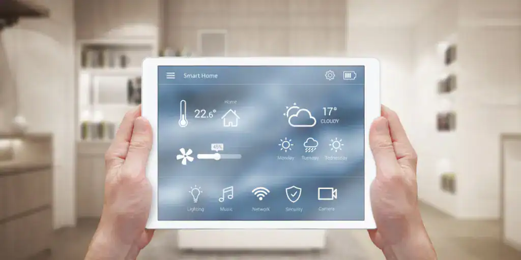 Modern tablet interface showing smart home automation controls for lighting climate and energy